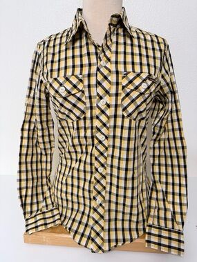 NWT Civilianaire Women's Yellow Gingham Plaid Button Down Shirt-Made in USA